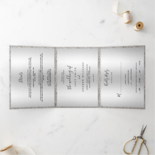 Silver Jeweled Bow & Sequins Wedding Tri-Fold Invitation