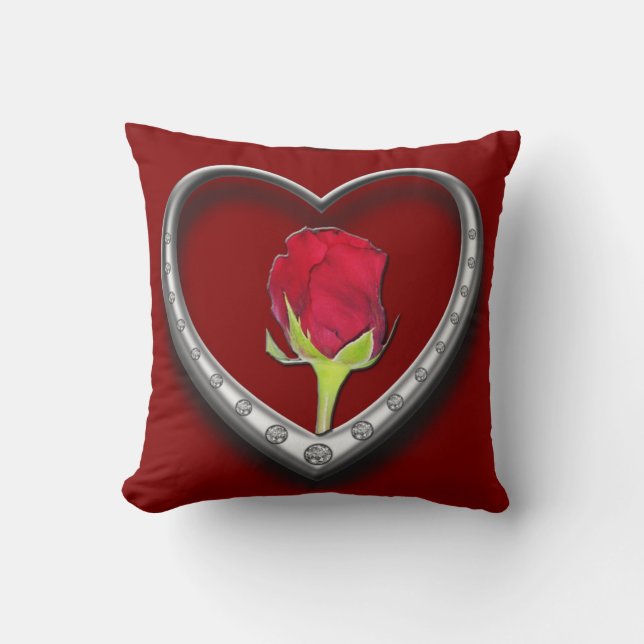 Silver Jewellery Valentine Heart with Red Rose Cushion (Front)