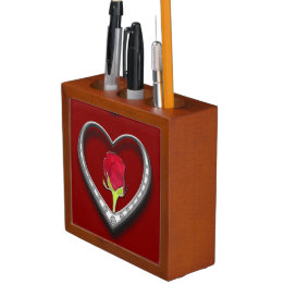 Silver Jewellery Valentine Heart with Red Rose Desk Organiser