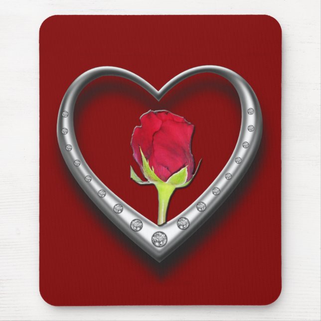 Silver Jewellery Valentine Heart with Red Rose Mouse Pad (Front)