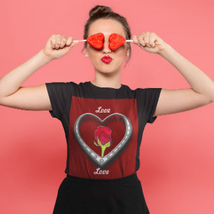 Silver Jewellery Valentine Heart with Red Rose T-Shirt