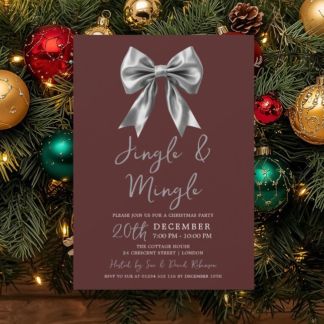 Silver Jingle Mingle Christmas Party Bow Burgundy  Invitation (Silver Jingle Mingle Christmas Party Bow Burgundy Invitation)