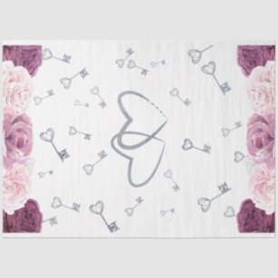 Silver Keys & Hearts Floral Wedding Tissue Paper