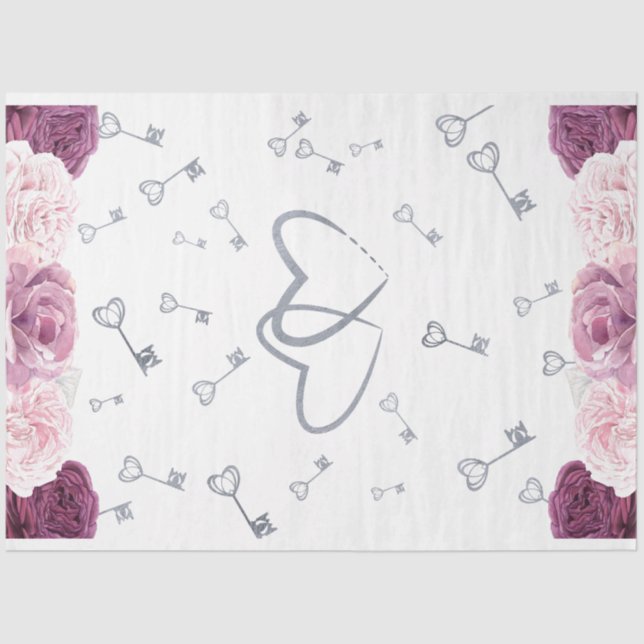 Silver Keys & Hearts Floral Wedding Tissue Paper (Front)