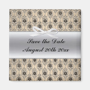 Silver label and damask save the date magnet