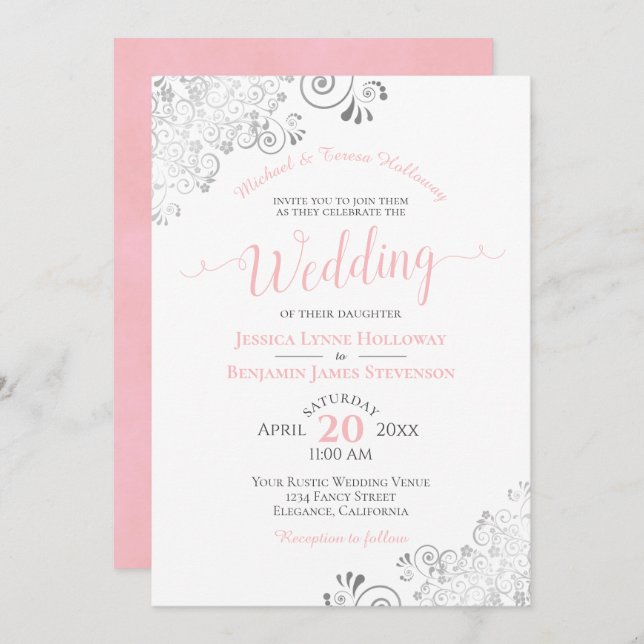 Silver Lace and Blush Pink Formal White Wedding Invitation (Front/Back)