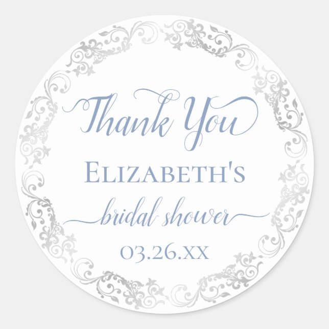 Silver Lace and Dusty Blue Bridal Shower Thank You Classic Round Sticker (Front)