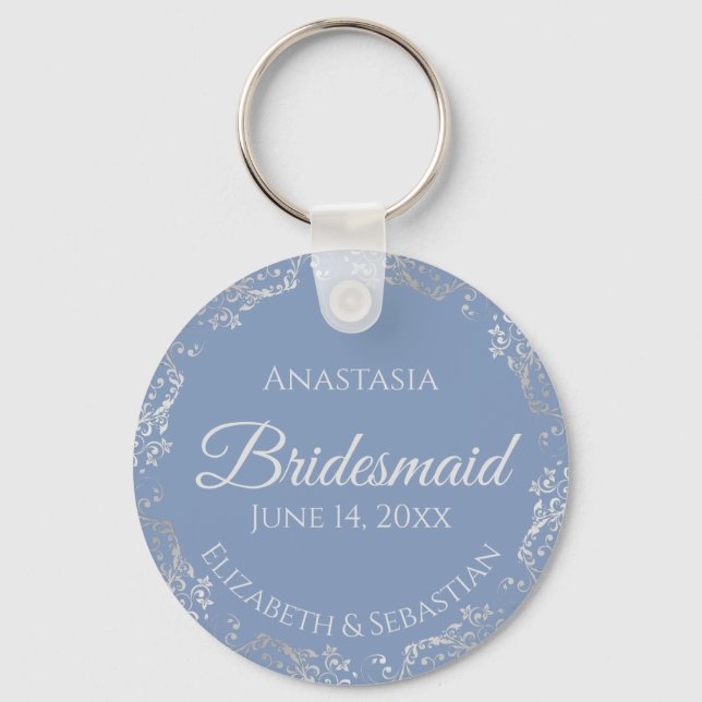 Silver Lace Bridesmaid Periwinkle Blue Wedding Key Ring (Front)