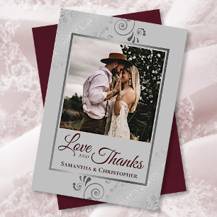 Silver Lace Burgundy & Grey Love & Thanks Wedding Thank You Card