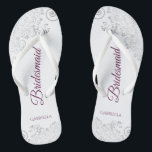 Silver Lace Cassis on White Bridesmaid Wedding Thongs<br><div class="desc">These elegant wedding flip flops are a great way to thank and recognise your bridesmaids, while giving their feet a rest after a long day. The beautiful design features an elegant design with silver grey lace frills on a white background and fancy cassis purple, magenta, or berry coloured script lettering....</div>