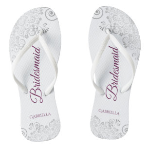 Silver Lace Cassis on White Bridesmaid Wedding Thongs