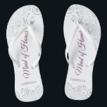 Silver Lace Cassis on White Maid of Honour Wedding Thongs<br><div class="desc">These beautiful wedding flip flops are a great way to thank and recognise your Maid of Honour while saving her feet at the same time. Features an elegant design with silver grey lace on a white background and fancy cassis purple, magenta, or berry coloured script lettering. The test reads Maid...</div>