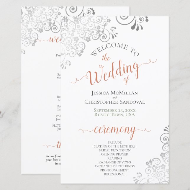 Silver Lace Coral on White Budget Wedding Program (Front/Back)