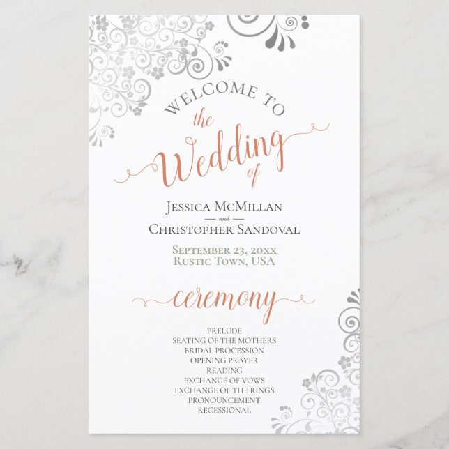 Silver Lace Coral on White Budget Wedding Program (Front)