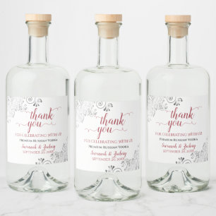 Silver Lace & Crimson Red White Wedding Thank You Liquor Bottle Label