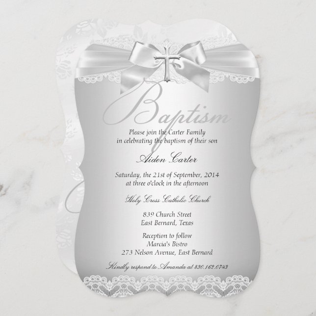 Silver Lace & Cross Baptism Boy or Girl 2 Invitation (Front/Back)