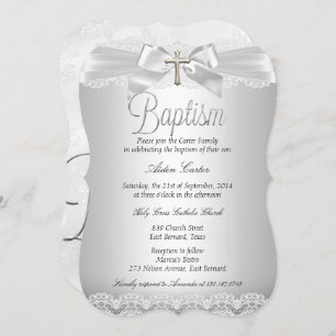 Silver Lace & Cross Baptism Boy or Girl Invitation