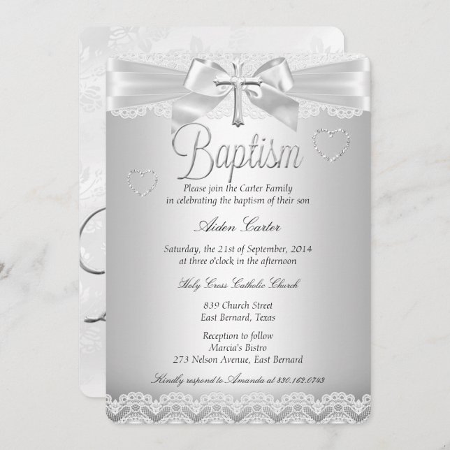 Silver Lace Cross Baptism Boy or Girl Invitation (Front/Back)