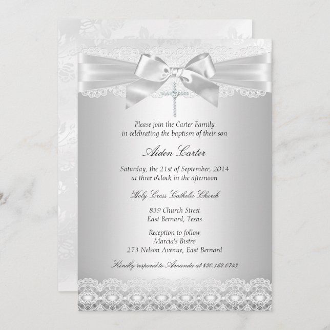 Silver Lace & Cross Baptism Invite (Front/Back)