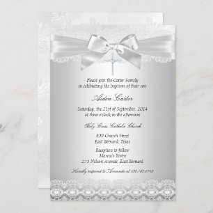 Silver Lace & Cross Baptism Invite