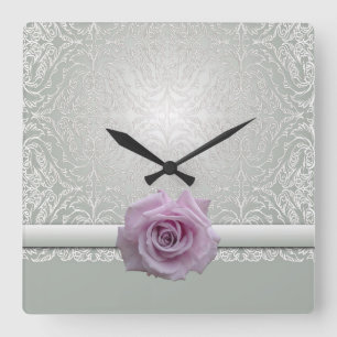 Silver Lace Damask Beauty Rose Clock