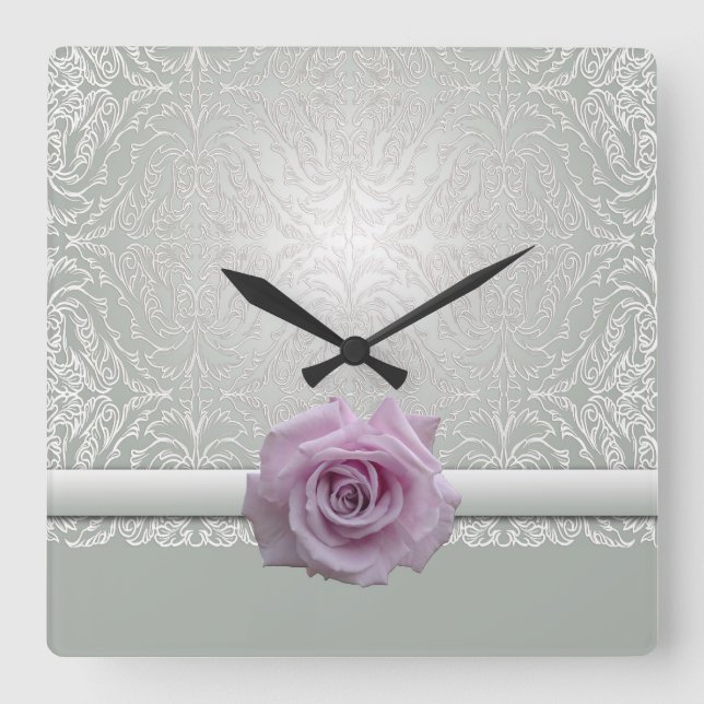 Silver Lace Damask Beauty Rose Clock (Front)