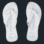 Silver Lace & Dusty Blue Maid of Honour Wedding Thongs<br><div class="desc">These beautiful wedding flip flops are a great way to thank and recognise your Maid of Honour while saving her feet at the same time. Features an elegant design with silver grey lace on a white background and fancy dusty blue script lettering. The test reads Maid of Honour with her...</div>