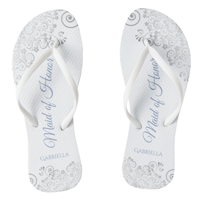 Silver Lace & Dusty Blue Maid of Honour Wedding Thongs (Footbed)