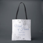 Silver Lace Dusty Blue Maid of Honour White Weddin Tote Bag<br><div class="desc">This beautiful tote bag is designed as a gift, favour, or swag bag for your wedding Maid of Honour. The simple yet elegant design features ornate silver grey lace frills in the corners with fancy dusty blue script lettering. There is space for her name, as well as the names of...</div>