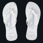 Silver Lace & Dusty Blue Script Bridesmaid Wedding Thongs<br><div class="desc">These elegant wedding flip flops are a great way to thank and recognise your bridesmaids, while giving their feet a rest after a long day. The beautiful design features an elegant design with silver grey lace frills on a white background and fancy dusty blue script lettering. The text reads Bridesmaid...</div>