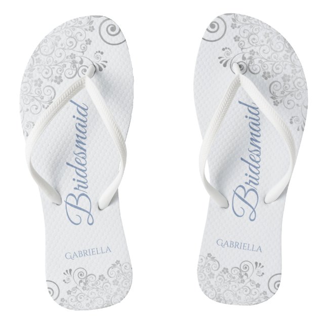 Silver Lace & Dusty Blue Script Bridesmaid Wedding Thongs (Footbed)