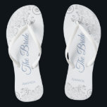 Silver Lace & Dusty Blue Script The Bride Wedding Thongs<br><div class="desc">Dance the night away with these beautiful wedding flip flops. Designed for the bride, they feature a simple yet elegant design with dusty blue script lettering on a white background and fancy silver grey lace curls and swirls. Beautiful way to stay fancy and appropriate while giving your feet a break...</div>