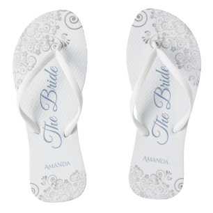 Silver Lace & Dusty Blue Script The Bride Wedding Thongs