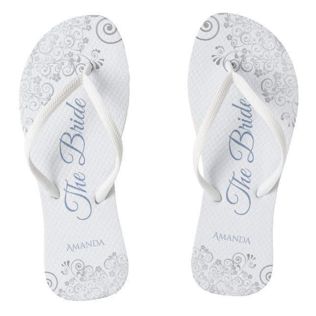 Silver Lace & Dusty Blue Script The Bride Wedding Thongs (Footbed)