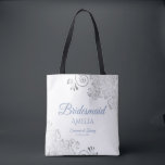 Silver Lace Dusty Blue & White Bridesmaid Wedding Tote Bag<br><div class="desc">These Bridesmaid tote bags are designed as favours or gifts for wedding bridesmaids. Great swag bag to fill with favours and gifts. The simple yet elegant design features silver grey lace in the corners with fancy dusty blue script lettering. There is space for her name, as well as the names...</div>
