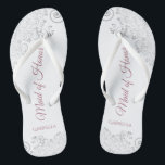 Silver Lace & Dusty Rose Maid of Honour Wedding Thongs<br><div class="desc">These beautiful wedding flip flops are a great way to thank and recognise your Maid of Honour while saving her feet at the same time. Features an elegant design with silver grey lace on a white background and fancy dusty rose or mauve pink script lettering. The test reads Maid of...</div>