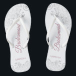 Silver Lace & Dusty Rose Script Bridesmaid Wedding Thongs<br><div class="desc">These elegant wedding flip flops are a great way to thank and recognise your bridesmaids, while giving their feet a rest after a long day. The beautiful design features an elegant design with silver grey lace frills on a white background and fancy dusty rose or mauve pink script lettering. The...</div>