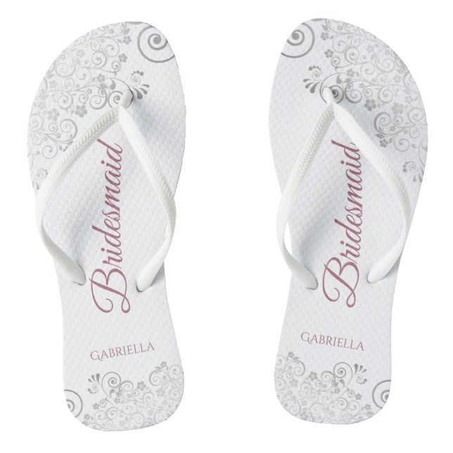 Silver Lace & Dusty Rose Script Bridesmaid Wedding Thongs (Footbed)