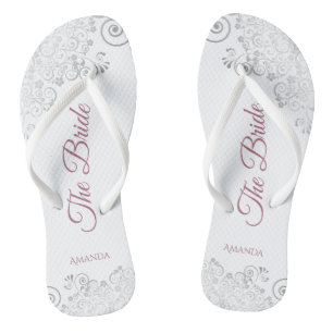 Silver Lace & Dusty Rose Script The Bride Wedding Thongs