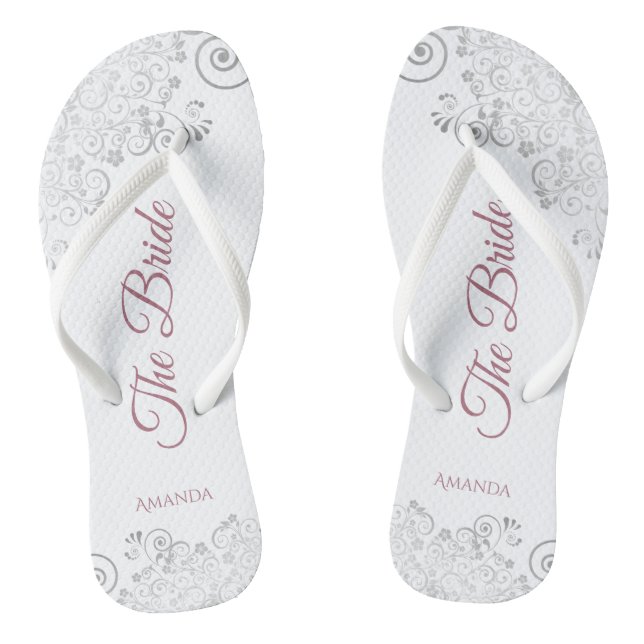 Silver Lace & Dusty Rose Script The Bride Wedding Thongs (Footbed)