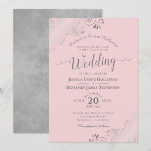 Silver Lace Elegant Blush Pink Formal Wedding Invitation