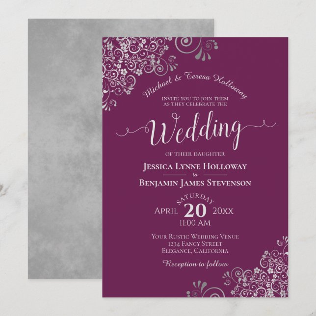 Silver Lace Elegant Cassis Purple Formal Wedding Invitation (Front/Back)