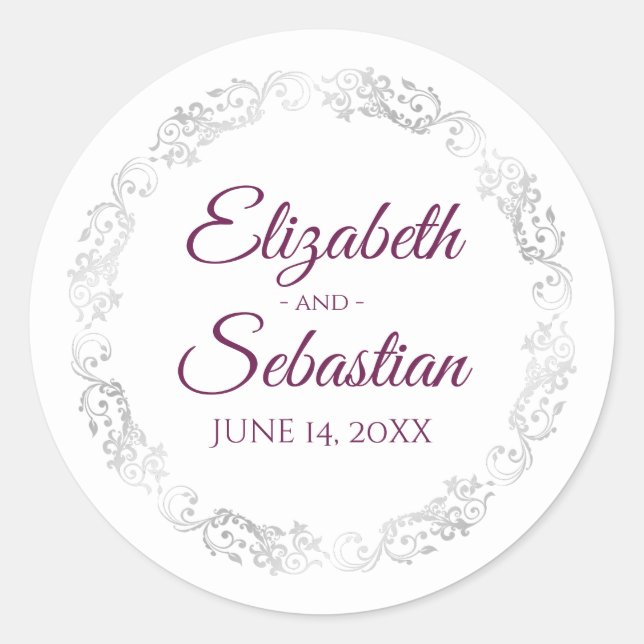 Silver Lace Elegant Cassis Purple on White Wedding Classic Round Sticker (Front)