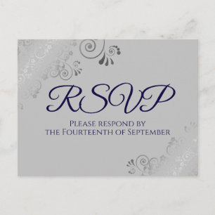 Silver Lace Elegant Navy Blue on Grey Wedding RSVP Postcard