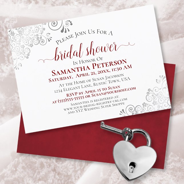 Silver Lace Elegant Red & White Bridal Shower Invitation (Creator Uploaded)