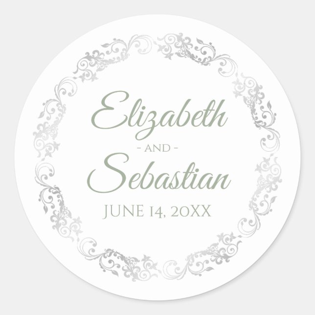 Silver Lace Elegant Sage Green on White Wedding Classic Round Sticker (Front)
