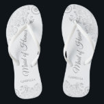 Silver Lace Elegant White Maid of Honour Wedding Thongs<br><div class="desc">These beautiful wedding flip flops are a great way to thank and recognise your Maid of Honour while saving her feet at the same time. Features an elegant design with silver grey lace on a white background and fancy script lettering. The test reads Maid of Honour with her name below....</div>