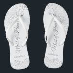 Silver Lace Elegant White Maid of Honour Wedding Thongs<br><div class="desc">These beautiful wedding flip flops are a great way to thank and recognise your Maid of Honour while saving her feet at the same time. Features an elegant design with silver grey lace on a white background and fancy script lettering. The test reads Maid of Honour with her name below....</div>