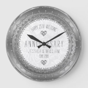Silver Lace Frame 25th Wedding Anniversary Large Clock