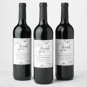 Silver Lace Frills on White Wedding Thank You Wine Label